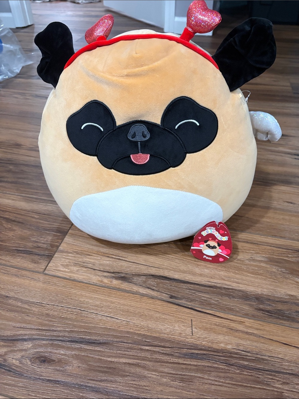 Squishmallows Pug Plush in Tan, Black, White with Red Heart Antennae
